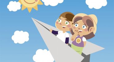 دختر و پسر در حال پرواز روی موشک کاغذی Travel