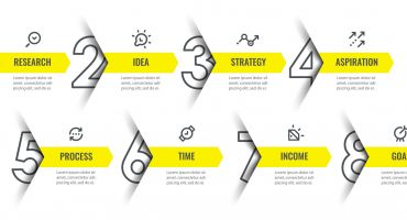 قالب لایه باز اینفوگرافیک 8 مرحله ای زرد و سفید با آیکون