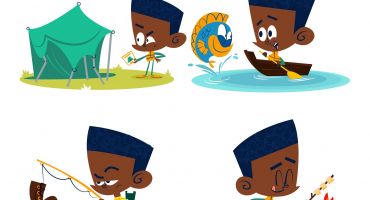 کارکتر کارتونی پسربچه در حال ماهیگیری Cartoon Character