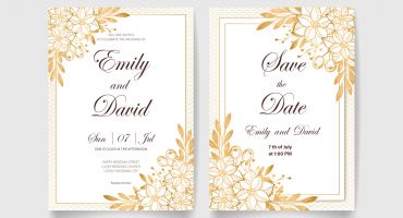 وکتور لایه باز کارت دعوت عروسی Save The Date طرح شاخ و برگ طلایی