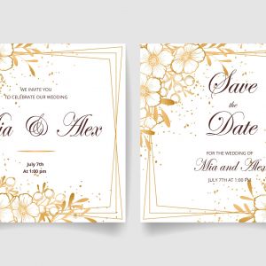 وکتور لایه باز کارت دعوت عروسی گل طلایی مربعی دو عددی