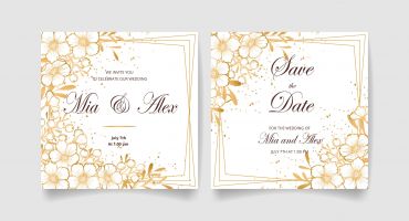 وکتور لایه باز کارت دعوت عروسی گل طلایی مربعی دو عددی