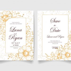 وکتور لایه باز کارت دعوت عروسی قطره های رنگ طلایی