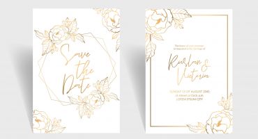 وکتور لایه باز کارت دعوت عروسی گل پیونی طلایی